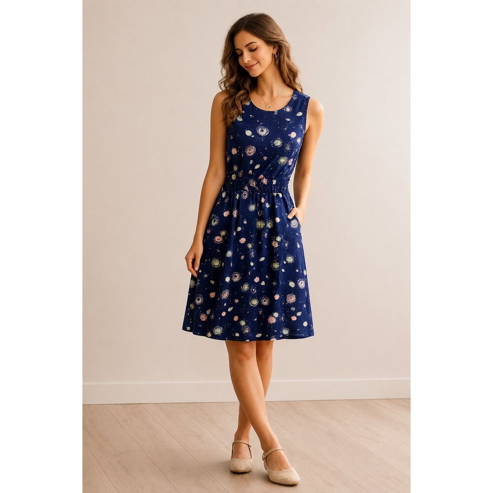 ModCloth Galaxy Print Smocked Waist Cotton Dress Sz M Celestial Spacecore Lined